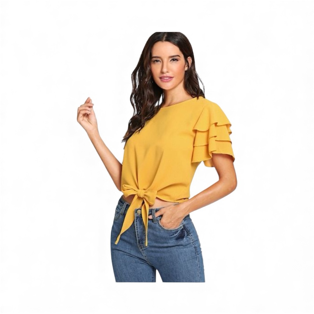 SHEIN top women's size XL dark Yellow Ruffle Sleeve Tie-front